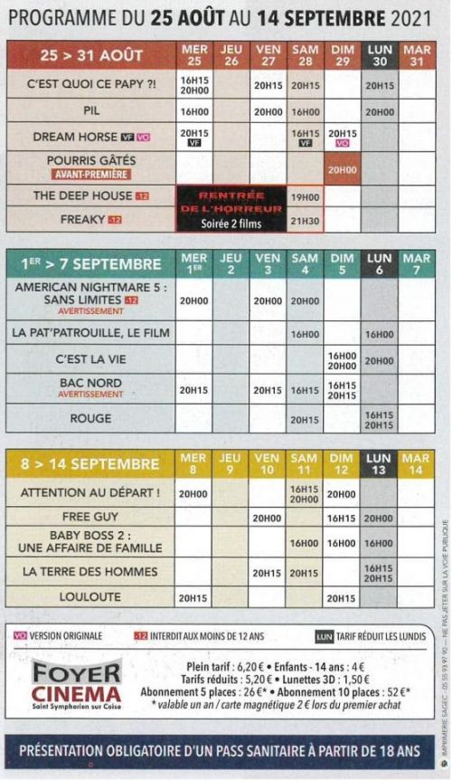 PROGRAMMATION FOYER CINEMA DU 25/8 AU 14/09/2021